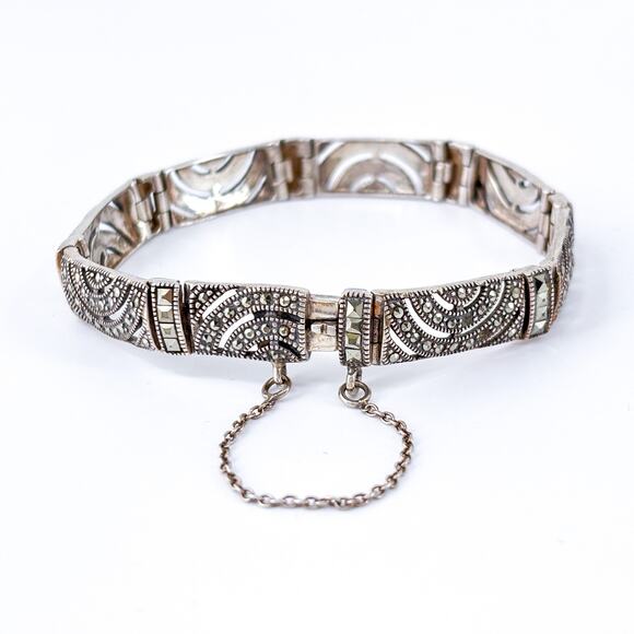 Vintage NF Thailand Sterling Silver 925 Marcasite Link Bracelet 8” - Picture 4 of 9